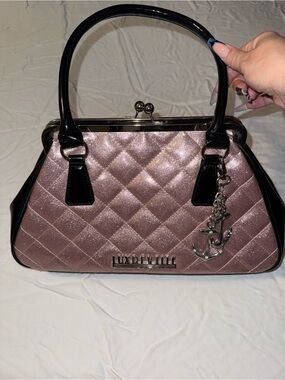 Lux de Ville Shimmer Rose Pink Quilted Purse with Black Trim & Anchor Charm